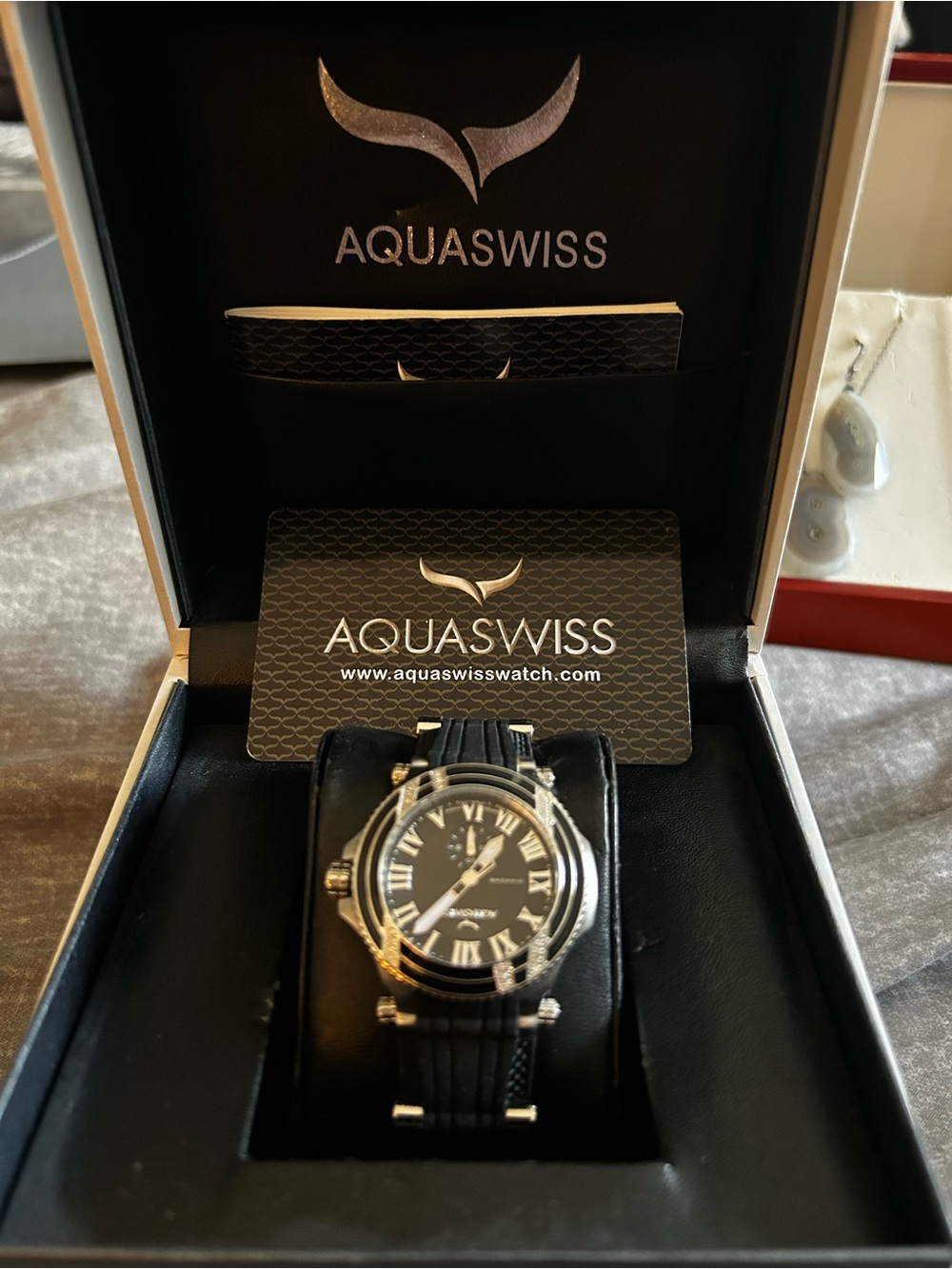 Aquaswiss Black Dial, Diamond Chips Watch with Silver-Tone Case Black Strap